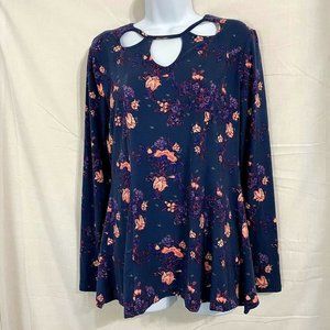 Mudd Long‎ Sleeve Blue Floral Keyhole Neck Top